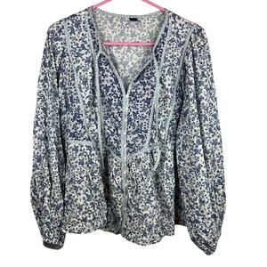 Old Navy blue and white micro floral long sleeve blouse womens size Medium